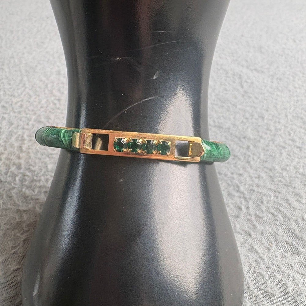 Vintage 24KT Gold Plated Green Leather Bangle Bracelet Italy Emerald Crystals
